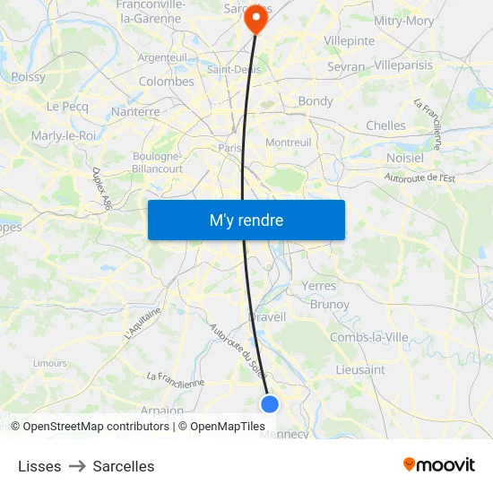 Lisses to Sarcelles map