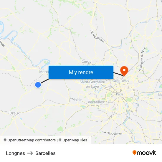 Longnes to Sarcelles map