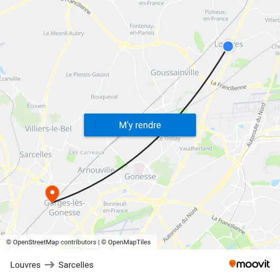 Louvres to Sarcelles map