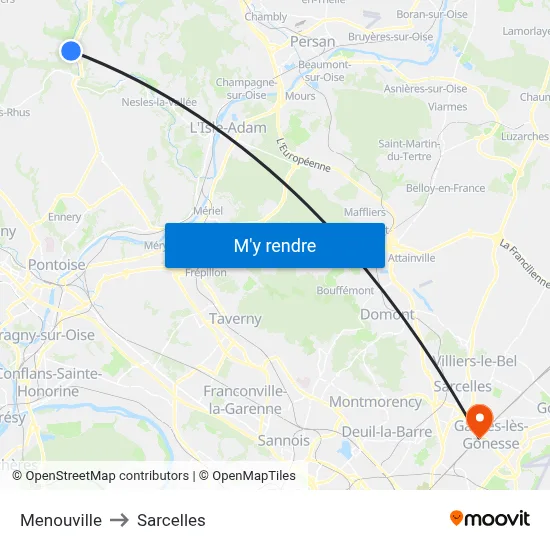 Menouville to Sarcelles map