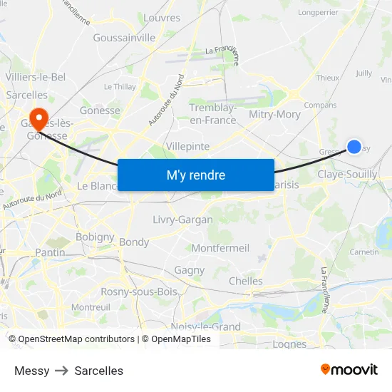 Messy to Sarcelles map