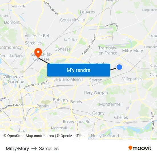 Mitry-Mory to Sarcelles map