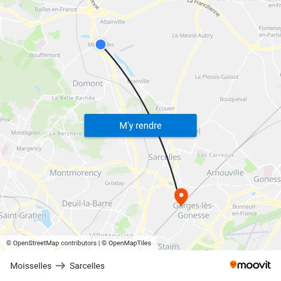 Moisselles to Sarcelles map