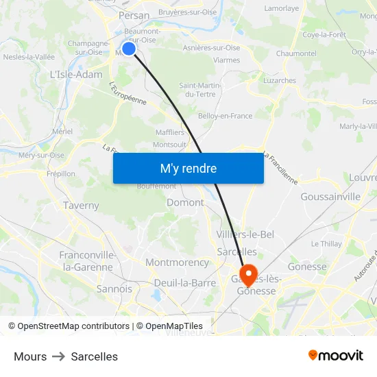 Mours to Sarcelles map