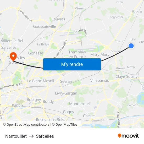 Nantouillet to Sarcelles map