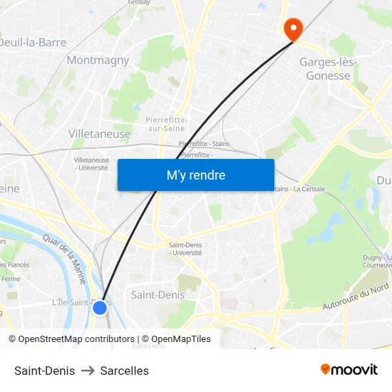 Saint-Denis to Sarcelles map