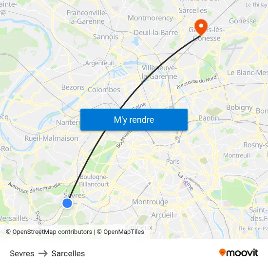 Sevres to Sarcelles map