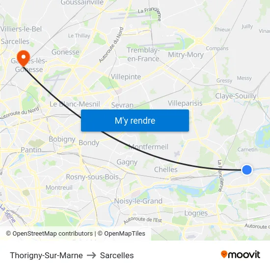 Thorigny-Sur-Marne to Sarcelles map