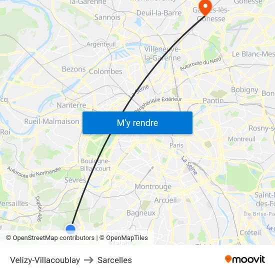 Velizy-Villacoublay to Sarcelles map