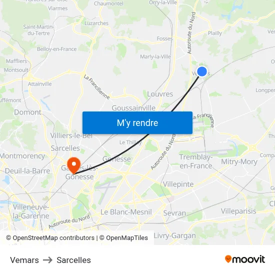 Vemars to Sarcelles map