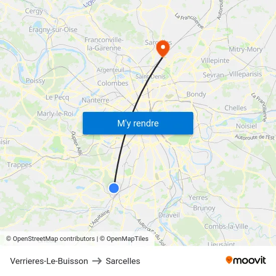 Verrieres-Le-Buisson to Sarcelles map