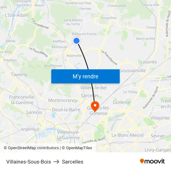 Villaines-Sous-Bois to Sarcelles map