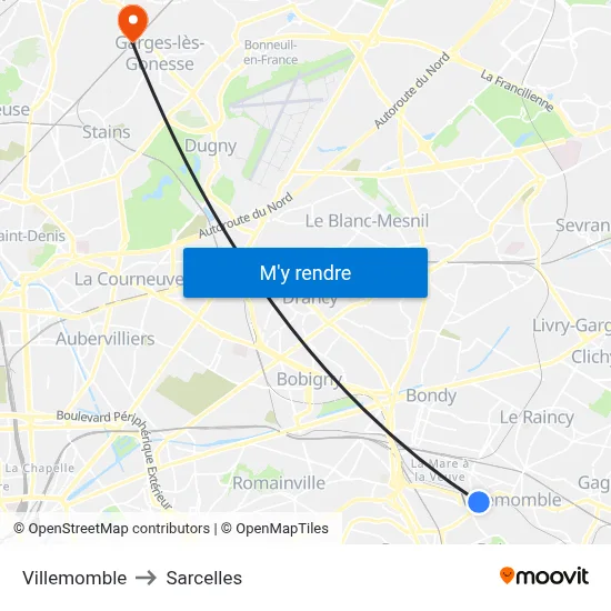 Villemomble to Sarcelles map
