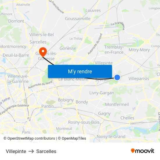 Villepinte to Sarcelles map