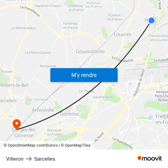 Villeron to Sarcelles map
