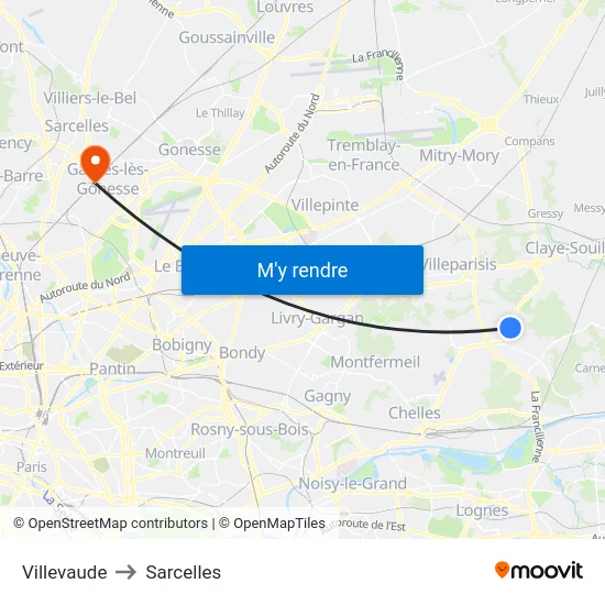 Villevaude to Sarcelles map