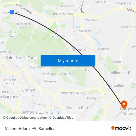 Villiers-Adam to Sarcelles map