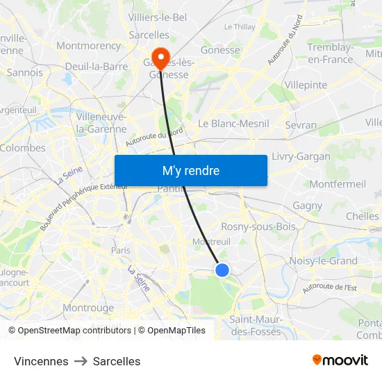 Vincennes to Sarcelles map