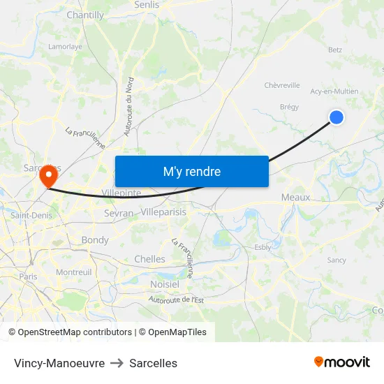 Vincy-Manoeuvre to Sarcelles map