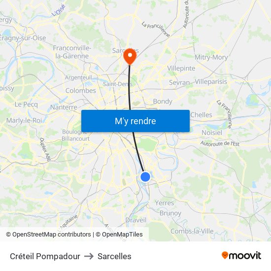 Créteil Pompadour to Sarcelles map