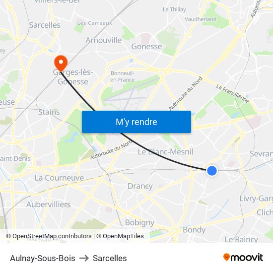 Aulnay-Sous-Bois to Sarcelles map