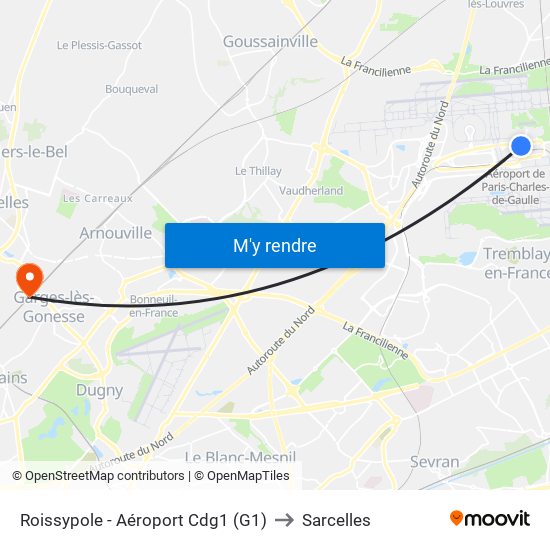 Roissypole - Aéroport Cdg1 (G1) to Sarcelles map