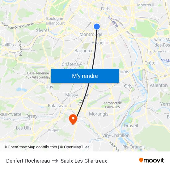 Denfert-Rochereau to Saulx-Les-Chartreux map