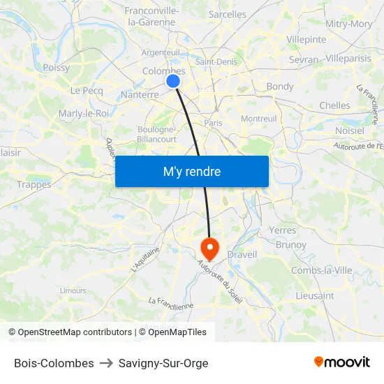 Bois-Colombes to Savigny-Sur-Orge map