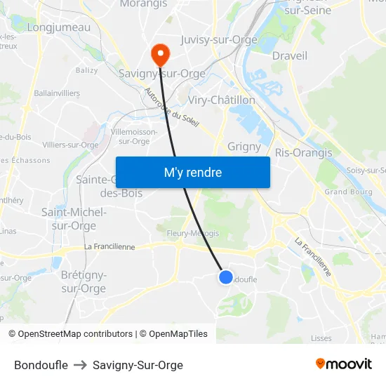 Bondoufle to Savigny-Sur-Orge map