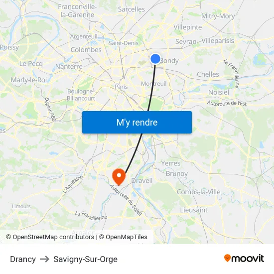 Drancy to Savigny-Sur-Orge map