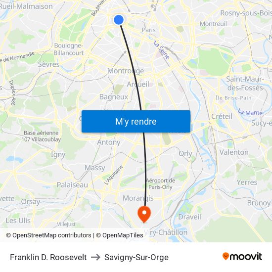 Franklin D. Roosevelt to Savigny-Sur-Orge map