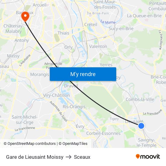 Gare de Lieusaint Moissy to Sceaux map