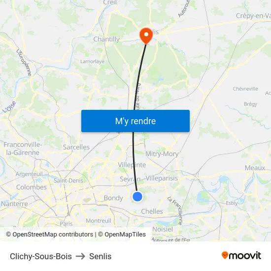 Clichy-Sous-Bois to Senlis map