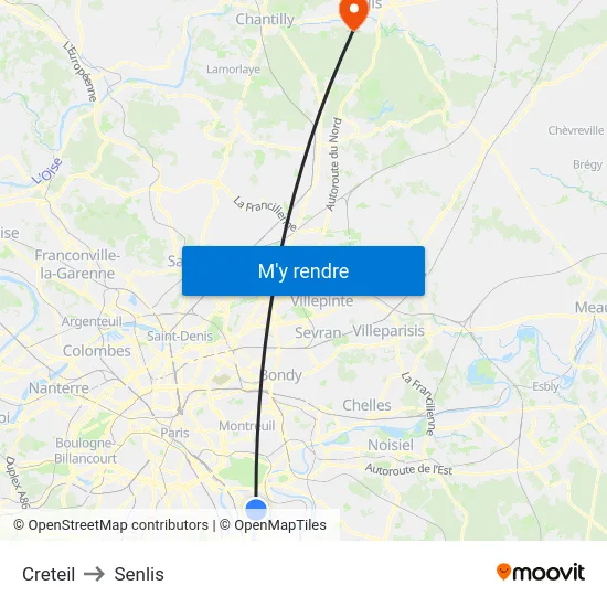 Creteil to Senlis map
