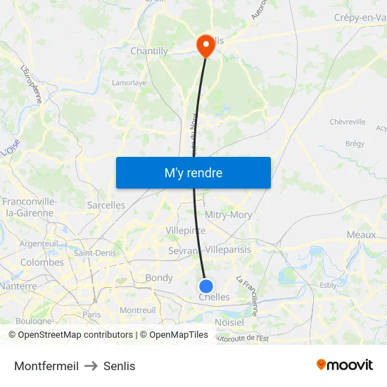 Montfermeil to Senlis map