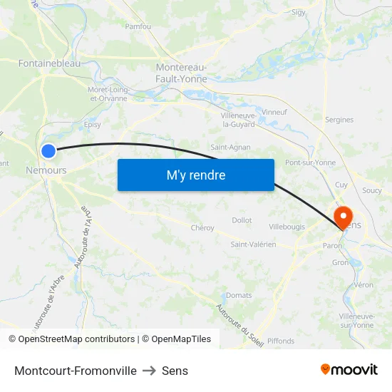 Montcourt-Fromonville to Sens map