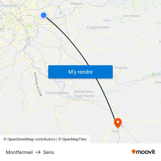 Montfermeil to Sens map
