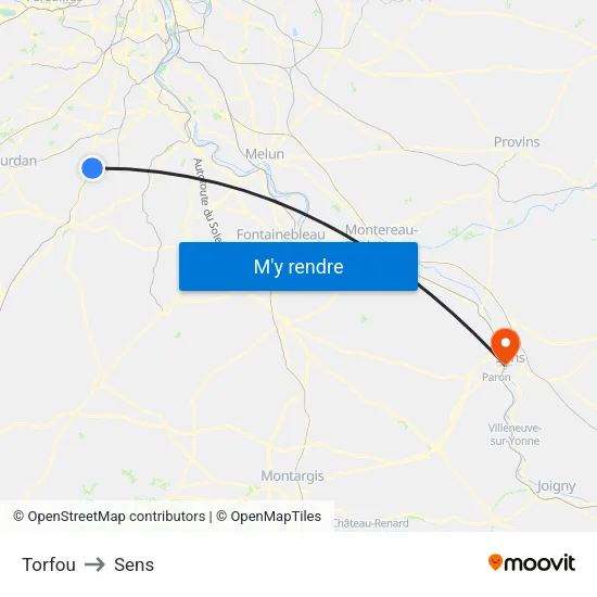 Torfou to Sens map
