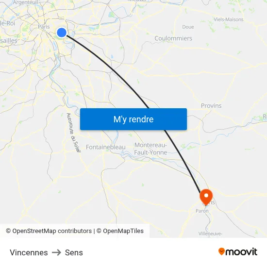 Vincennes to Sens map