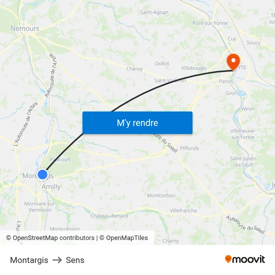 Montargis to Sens map