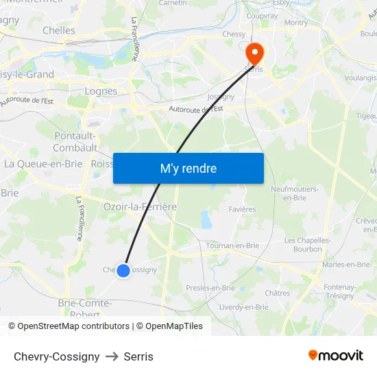 Chevry-Cossigny to Serris map