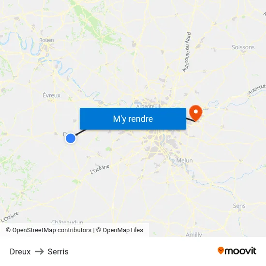 Dreux to Serris map