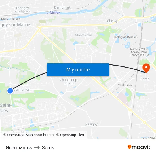 Guermantes to Serris map