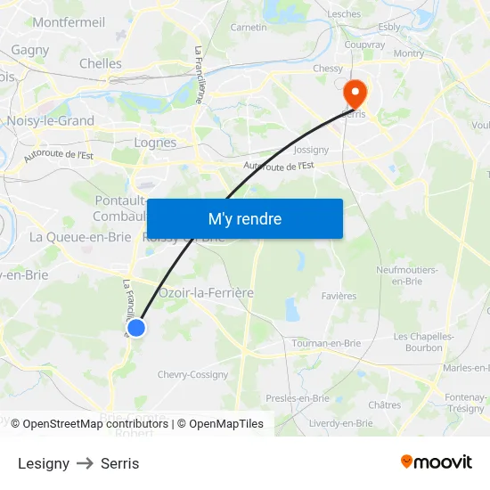 Lesigny to Serris map