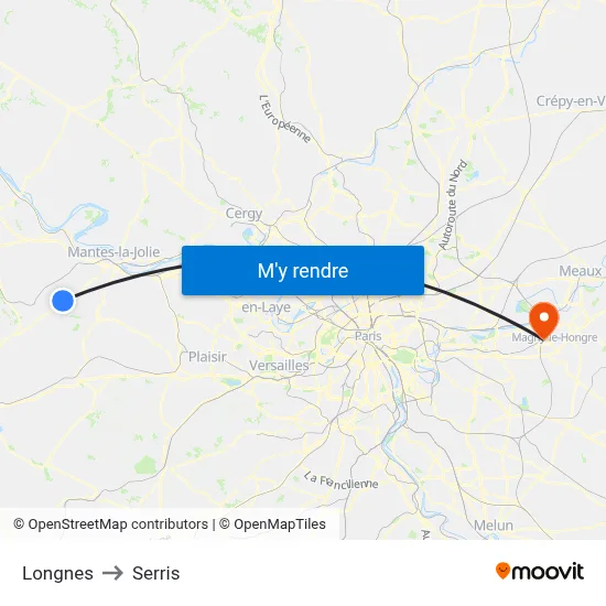 Longnes to Serris map