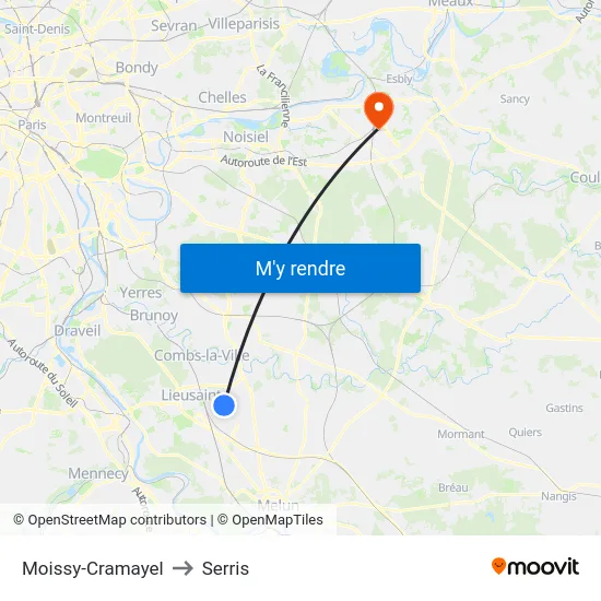 Moissy-Cramayel to Serris map