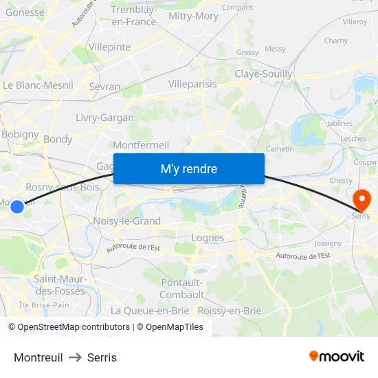 Montreuil to Serris map