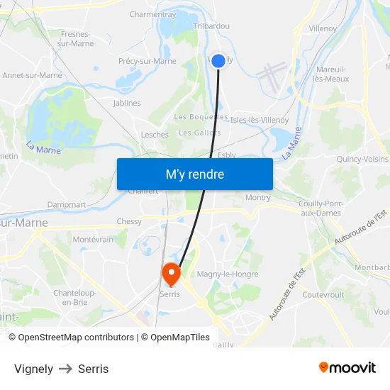 Vignely to Serris map
