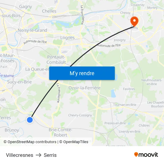 Villecresnes to Serris map