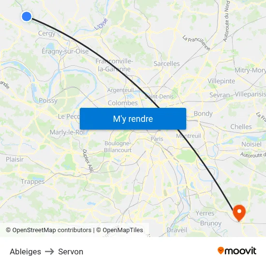 Ableiges to Servon map